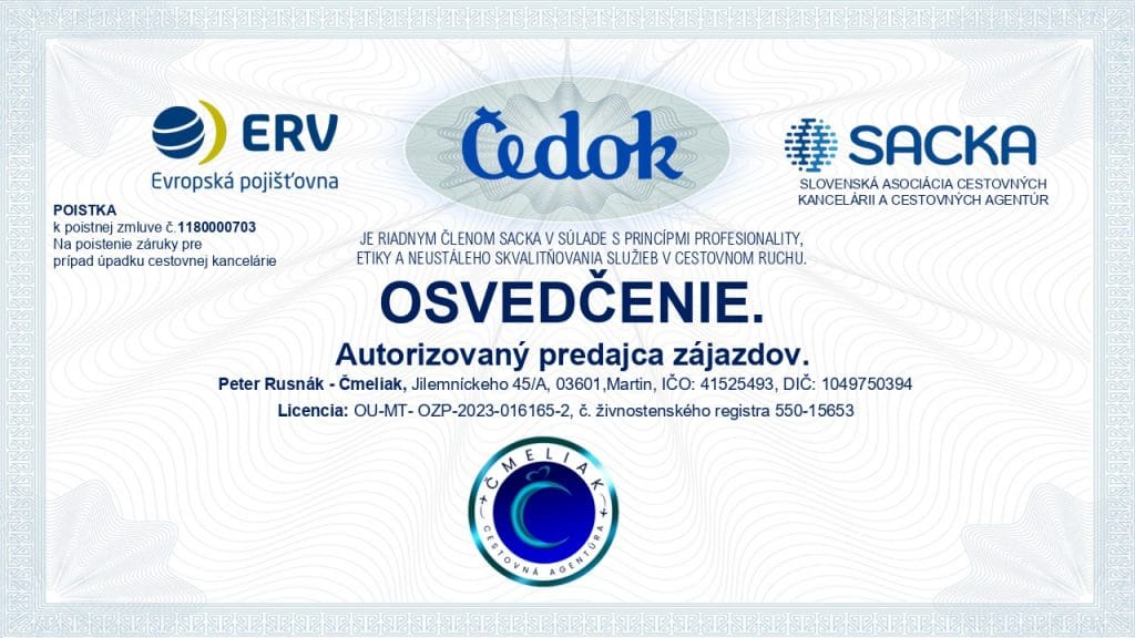 Certifikát autorizovaného predajcu zájazdov CA Čmeliak Martin - Čedok a SACKA